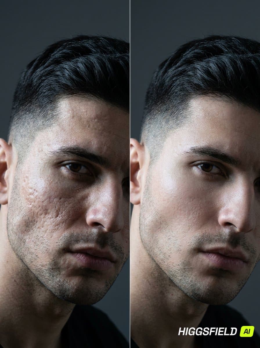 Male acne scar before and after microneedling treatment